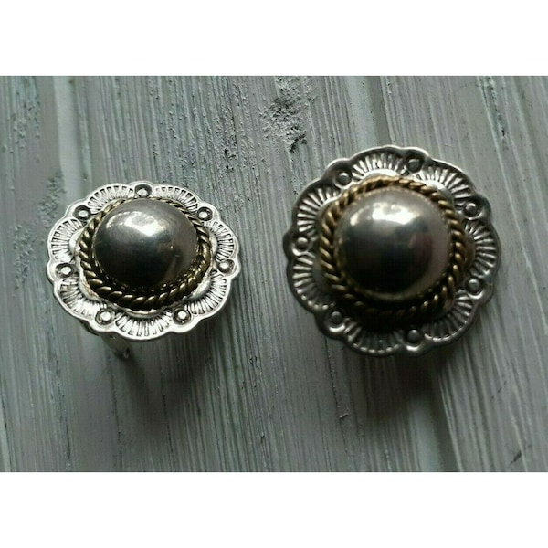 Taxco Mexico Sterling Silver concho Stud Clip-on Earrings stamped Brass Vintage 1970s Boho Western Southwestern style