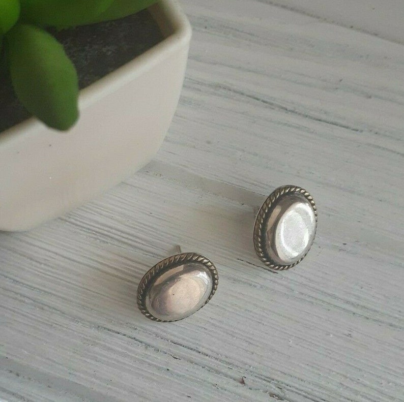 Vtg 70/'s Taxco Mexico 925 Sterling Mexican Silver wBraided Brass Rope trim Oval Stud Minimalist Earrings Ethnic