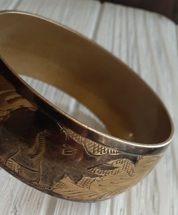 Indian Etched Brass Wide Chunky Bangle Bracelet wi