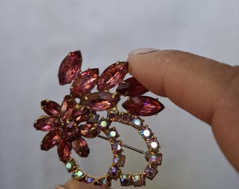 Vintage 1950s Pink Floral Rhinestone Brooch, Aurora Borealis Accents, Old Hollywood Glamour Accessory