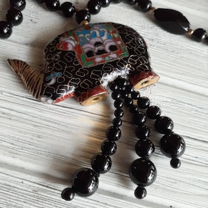 Cloisonné Enamel Tassel Necklace / 36&#39;&#39; L Endless Pullover Elephant Trunk up Black Glass Beaded Necklace Asian Inspired Boho