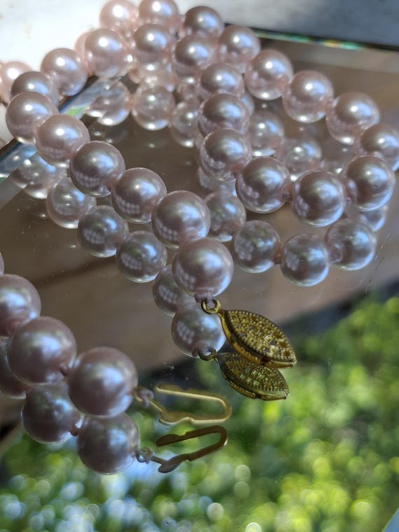 Vintage Pink Glass Pearl Necklace, 16" Strand, 7mm Beads, Fishhook Clasp