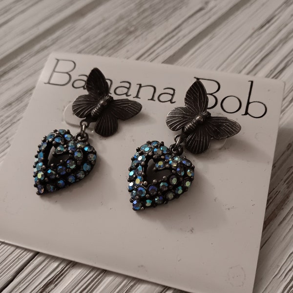 Vtg Banana Bob Avant Garde drop dangle Blue A.B. Rhinestone Butterfly Heart Earrings New on Card NOS