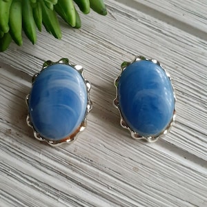Vintage Coro Silver tone Blue Marbles Swirl Lucite Clip on Earrings signed