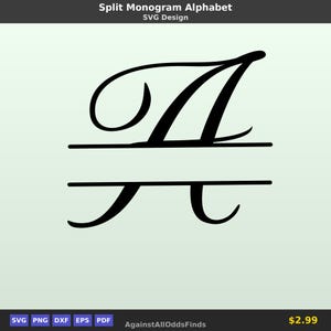 May include: A black digital graphic of the letter A in a cursive script font, featuring a horizontal split through the center. The design is presented on a light green background with the text Split Monogram Alphabet SVG Design above.