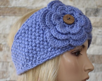 Crochet Flower Head Wrap Headband Ear Warmer Winter Knit Blue with Coconut Buttons