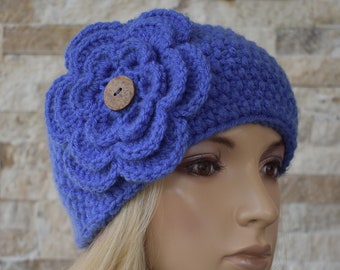 Crochet Flower Head Wrap Headband Ear Warmer Winter Knit Blue with Coconut Buttons