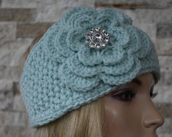 Crochet Flower Headband Head Wrap Ear Warmer Winter Light Aqua with Sparkle Button