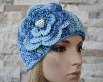 Crochet Flower Head Wrap Headwrap Ear Warmer Winter Knit Shades of Blue with Sparkle Button