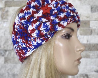 Crochet Flower Headband Red White and Blue Head Wrap Headwrap Ear Warmer Winter with Star Button