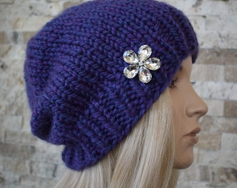 Slouchy Beanie Winter Hat Knit Purple Wool Blend Yarn Rhinestone Button