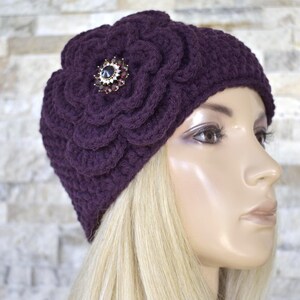Flower Knit Headband Purple Plum Eggplant Earwarmer with Bling Button