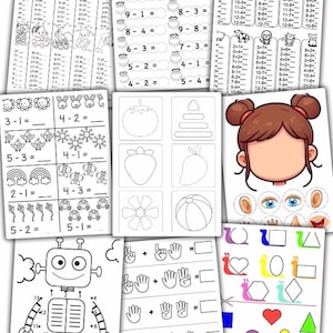 Può includere: Una raccolta di fogli di attività didattiche con problemi di matematica in bianco e nero, esercizi di sottrazione con personaggi, disegni di robot da unire con i puntini, tracciamento di forme, illustrazioni di mani e una pagina di ritagli.