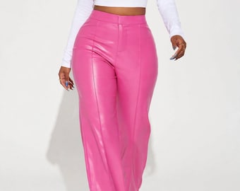 Roze leren broek voor dames, fuchsia broek met hoge taille, wijde pijpen met naad aan de voorkant, streetwear outfit, luxe cadeau voor haar