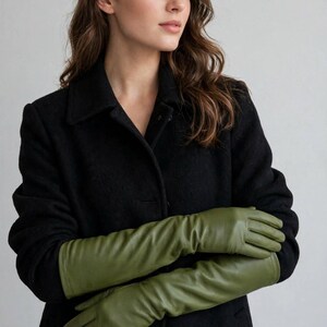 Long Leather Gloves, Opera Gloves Women, Leather Opera Glove, Vintage Arm Warmers, Olive Green Handwear, Statement Gift For Her