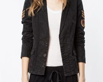 Vintage Military Denim Jacket Men Unisex | Retro Black Blazer Coat with Gold Chevron Patch | Distressed Utility Moto Streetwear