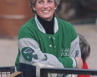 Vintage Philadelphia Eagles Varsity Jacket Inspired by Princess Diana, Retro NFL Letterman Jacket, Green & Gray Bomber Coat, Eagles Fan Gift