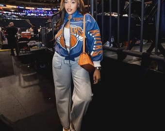New York Knicks Jacket, Towns #32 NBA Leather Bomber Jacket, Blue Orange Basketball Jacket, Premium Leather Varsity Coat, Knicks Fan Gift