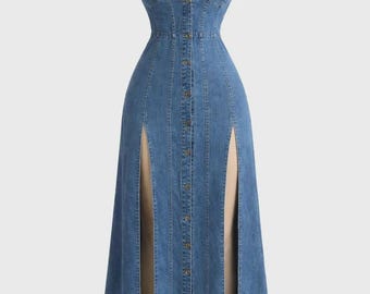 Lace Up Denim Maxi Dress Halter Neck Long Jean Dress High Slit Button Down Fitted Western Dress Blue Denim Sun Dress Sleeveless Jean Dress