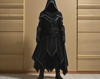 Genuine Leather Assassin Hooded Coat for Men, Medieval Fantasy Long Coat, Black Leather Hooded Trench Coat, Cosplay Costume Jacket