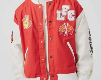 Liverpool FC Varsity Jacket with Chenille Patches | Red & White LFC Letterman Bomber Jacket | YNWA Football Club Fan Apparel Streetwear Gift
