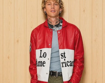Lost Americana Red Leather Jacket, Vintage Racing Style Jacket, Men's Biker Leather Jacket, Retro Streetwear Coat