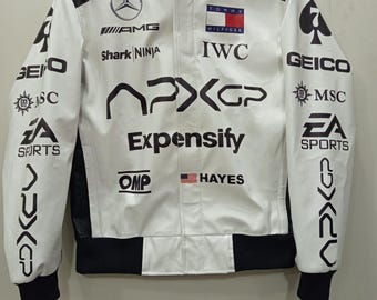 Movie Inspired Racing Jacket, White Faux Leather Coat, APX Grand Prix Cosplay Costume, Men's Streetwear Bomber Jacket, Biker Fashion