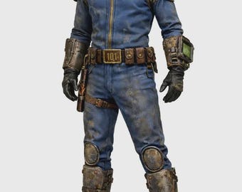 Fallout Vault 101 Jumpsuit Cosplay Costume Full Set, Post Apocalyptic Armored Wasteland Uniform, Vault Dweller Suit with Pip Boy Accessory