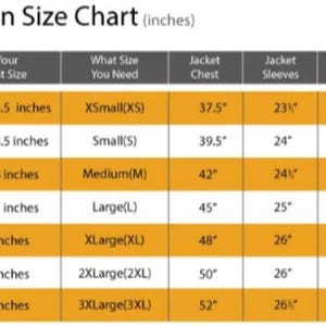 May include: A size chart table titled Women Size Chart (inches) with columns for Actual Bust Size, Size You Need, Jacket Chest, Jacket Sleeves, and Jacket Shoulders. The rows list measurements in inches for sizes ranging from XSmall to 3XLarge.