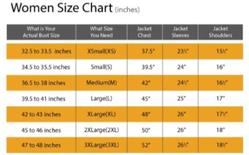 May include: A size chart table titled Women Size Chart (inches) with columns for Actual Bust Size, Size You Need, Jacket Chest, Jacket Sleeves, and Jacket Shoulders. The rows list measurements in inches for sizes ranging from XSmall to 3XLarge.