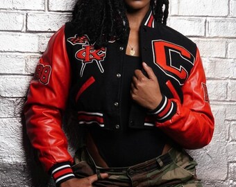 Clark Atlanta University Cropped Jacket | Women's CAU Varsity Bomber Jacket | Black and Red Letterman | HBCU Game Day College Streetwear