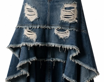 Women's Distressed Denim Maxi Skirt, High Low Ruffle Jean Skirt, Boho Denim Skirt, Layered Asymmetrical Long Skirt, Plus Size Denim Clothing