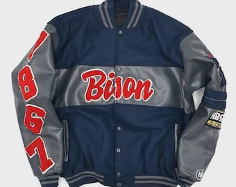 Howard University Bison Varsity Jacket | Vintage HU 1867 Letterman Bomber Jacket | Navy Blue & Gray Leather Sleeve HBCU College Apparel