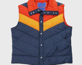 Vintage 70s Chevron Puffer Vest | Retro Ski Gilet Navy Blue Orange Yellow | 1980s Puffy Winter Vest