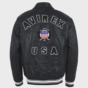 Avirex Leather Bomber Jacket | Vintage All Americans 1975 USA Jacket | Black Hip Hop Streetwear Varsity Jacket | Quilted Lining Leather Coat image 3