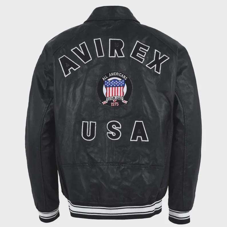 Avirex Leather Bomber Jacket | Vintage All Americans 1975 USA Jacket | Black Hip Hop Streetwear Varsity Jacket | Quilted Lining Leather Coat image 3