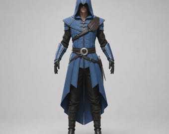 Blue Genuine Leather Assassin Hooded Coat for Men, Medieval Fantasy Long Coat, Gothic Leather Trench Jacket, Cosplay Costume Outfit