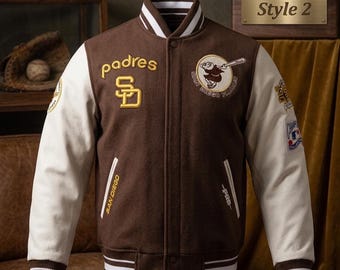 Brown Varsity Jacket Men, Vintage Letterman Jacket, Embroidered Patch Baseball Jacket, Retro Bomber Coat, Streetwear Outerwear