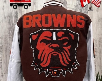 Cleveland Browns Letterman Jacket, Brown White Varsity Jacket, Embroidered Football Fan Jacket, Vintage Style Coat