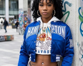 Hampton University Cropped Satin Varsity Jacket | Women's Royal Blue HU Pirate Bomber | Custom HBCU Alumni College Streetwear Coat