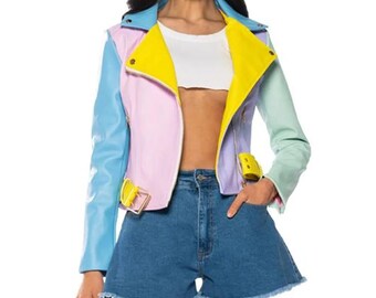 Pastel Color Block Leather Jacket Women, Cropped Moto Biker Jacket, Colorful Motorcycle Jacket, Fashion Streetwear Coat