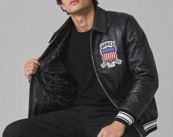 Avirex Leather Bomber Jacket | Vintage All Americans 1975 USA Jacket | Black Hip Hop Streetwear Varsity Jacket | Quilted Lining Leather Coat