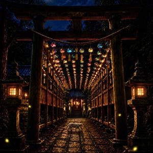 May include: A white cat walks along a stone path beneath a wooden torii gate structure adorned with rows of glowing, multi-colored spherical lanterns and hanging paper tags, flanked by two illuminated stone lanterns under a full moon.