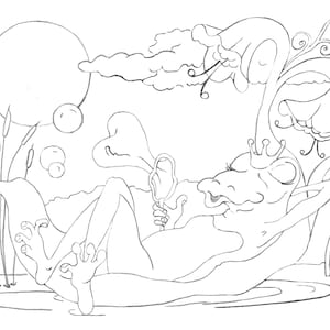 May include: A black and white line drawing of a frog wearing a small crown, reclining in a pond while blowing a heart-shaped bubble with a wand. The scene includes tall reeds, a large circular moon, and hanging bell-shaped flowers above.