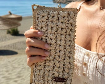 Borsa per cellulare fatta a mano con motivo a cuore - Crema, oro scintillante e catena di perle
