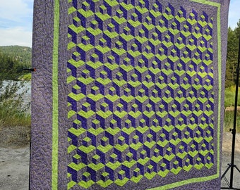 Purple and Green King California Size Tumbling Block Quilt Handmade