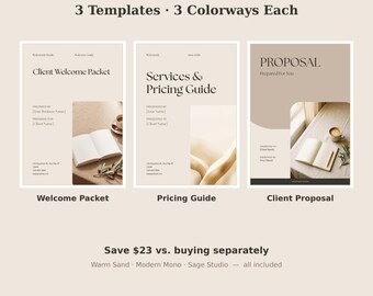 Ensemble complet de kits client, modèles Canva pour entraîneurs et prestataires de services, kit de bienvenue, guide des tarifs, proposition