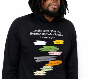 2 Peter 1:5-7 Hooded Long Sleeve Tee | White Text
