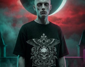 Okkultes Mondphasen-T-Shirt, biomechanische Mottenflügel, barockes Schädelemblem