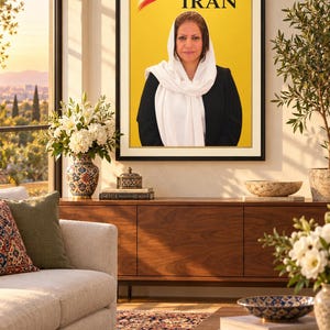 May include: A framed wall poster featuring a portrait of a person wearing a white headscarf and a black jacket against a yellow background, with the text Islamic Republic of Iran and the national flag emblem displayed in the upper left corner.